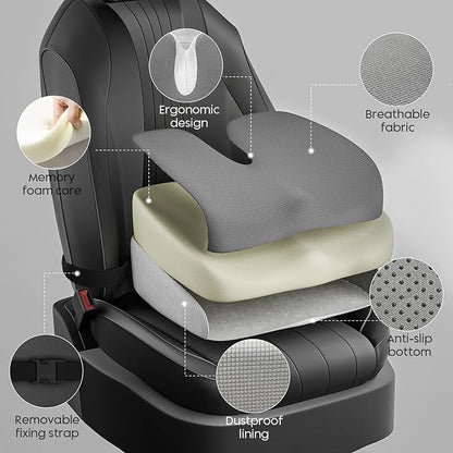 Adult Car Booster Seat Cushion - Memory Foam Car Seat Wedge Cushion - Coccyx Cushion for Tailbone Pain - Driver Seat 3 Inch Height Boost Cushion - for Cars, Trucks, Home & Office Chairs, Grey