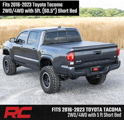 Rough Country Hard Flip-Up Tonneau Cover for Toyota Tacoma (2016-2023) - Flush Folding Aluminum Bed Cover