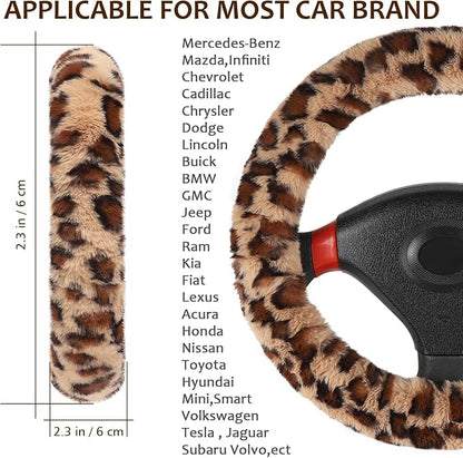 Accmor Fuzzy Car Steering Wheel Cover, Universal Fit Fur Auto Wheel Cover & Handbrake Cover & Gear Shift Cover Set, Leopard Warm Fluffy Vehicle Wheel Protector Car Accessories for Men Women (Brown)