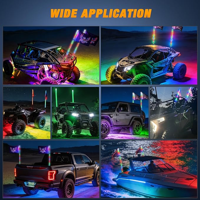 Nilight 2PCS 3FT RGB LED Whip Light with Spring Base and 4 PCS Rock Lights Combo, Remote App Control w/DIY Chasing Patterns Turn Signal Brake Reverse Antenna Lighted Whips for ATV UTV Polaris RZR Jeep