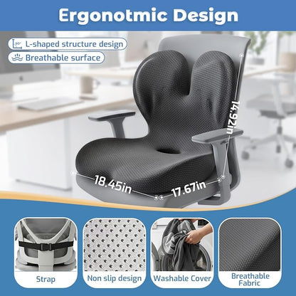 Ergonomic Office Chair Cushion,Memory Foam Seat Cushion with Lumbar Support,L-Shape Cushions with Strap,Sciatica,Hemorrhoids,and Tailbone Pain Relief for Office Workers (Black Oxford Cloth)