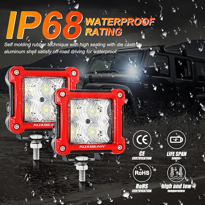 Auxbeam FA Series Flood Beam 3 Inch 40W Cube LED Pods, Red Shell Ditch Light Bar 4800LM, Off-Road Driving Hood Lights for 4WD Jeep Wrangler Ford F-150 Bronco, Pair