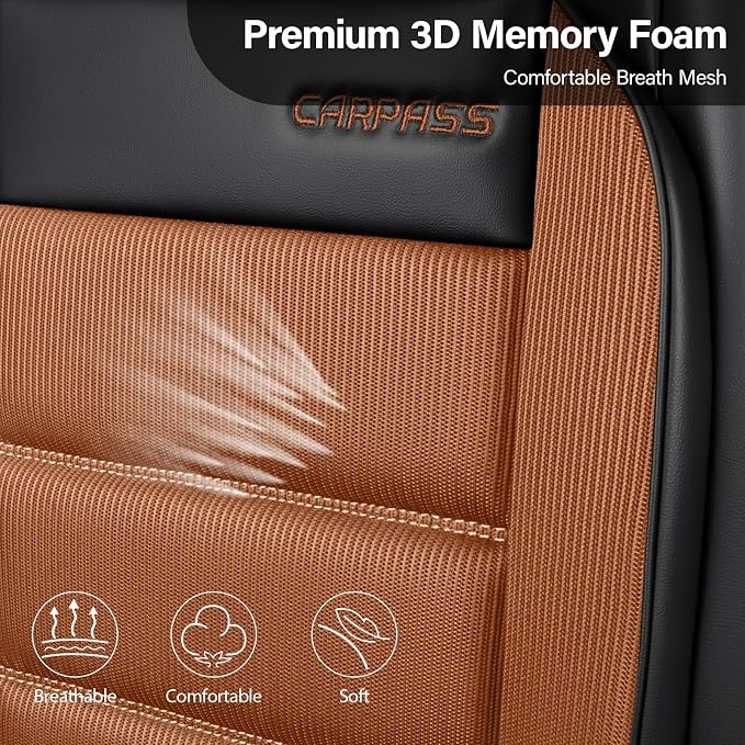 CAR PASS Memory Foam Seat Covers Full Sets, Airy Cool Mesh Thick Car Seat Covers, Leather Car Seat Covers 5 Seats Airbag Compatible, Universal Automotive Comfort for Most Cars, Trucks, SUV, Brown