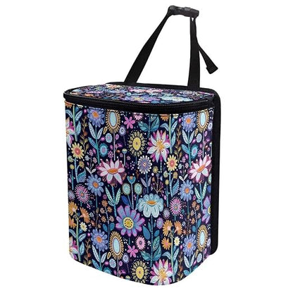 Abstract Hippie Flower Print Trash Can for Car Leakproof Garbage with Lid and Zipper Trash Bin Hanging Back of Seat Auto Interior Accessories Universal Fit Most Truck SUV Van