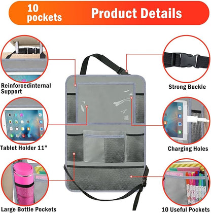 Car Backseat Organizer ，2 Pack Car Organizer Back Seat with 11" Tablet Holder, 10 Storage Pockets Seat Back Protectors Kick Mats for Kids Toddlers, Travel Accessories (Grey)