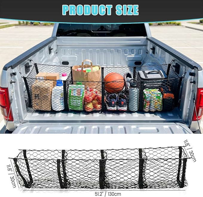 Cargo Net for Car, Expandable 4 Pocket Heavy-Duty Cargo Net Organizer, Black Mesh Storage Pocket with 4 Metal Carabiners Universal for Car, SUV, Pickup Truck, Van Trunk Bed- 51.2” x 11.8”