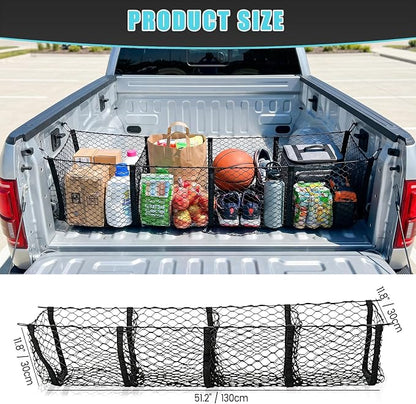 Cargo Net for Car, Expandable 4 Pocket Heavy-Duty Cargo Net Organizer, Black Mesh Storage Pocket with 4 Metal Carabiners Universal for Car, SUV, Pickup Truck, Van Trunk Bed- 51.2” x 11.8”