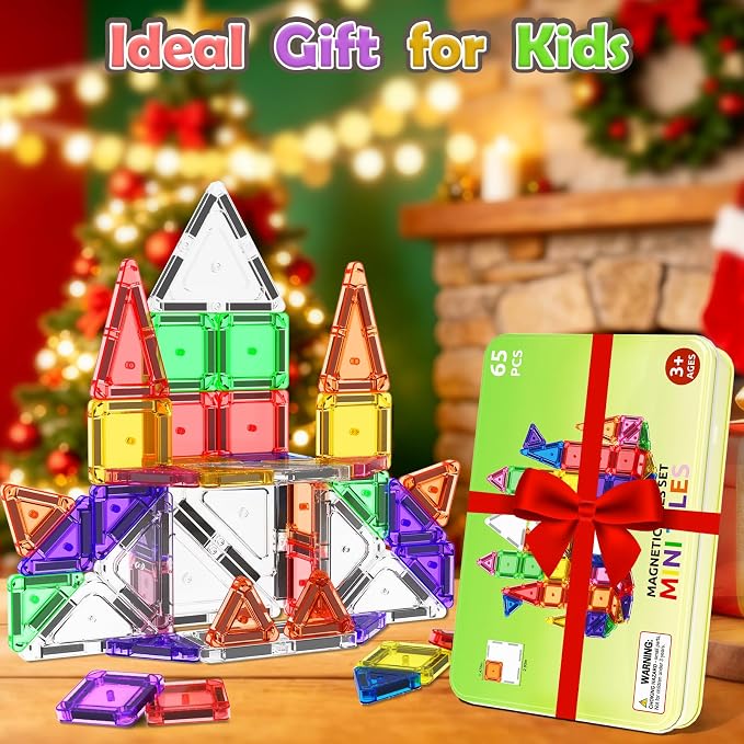 ORZbb 65PCS Mini Magnetic Tiles Toddler Travel Essentials Set with Case, Magnetic Building Blocks Sensory Montessori Preschool Learning Toys Gifts for 3-8 Year Old Boys Girls