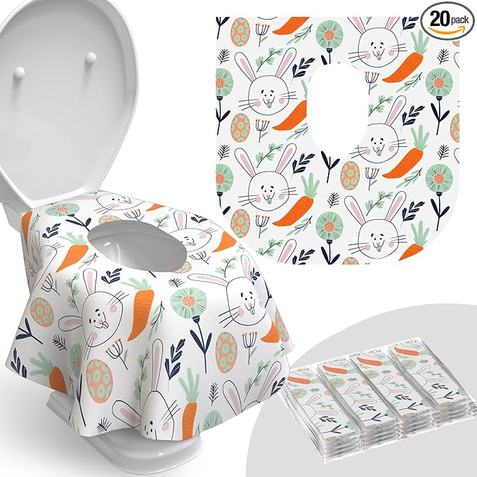 Relyo Disposable Toilet Seat Cover for Travel – 20 Pack with Covers Wrapped in Sets of 2, Non-Flushable Liners, Fits Most Seats – Kids, Toddlers, Adults (Bunny, 20)