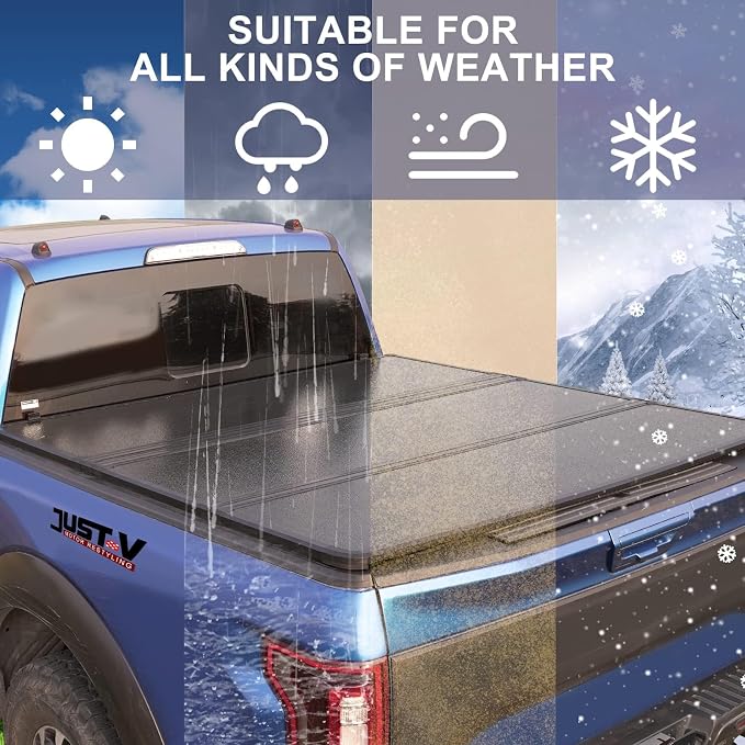Just-V Hard Tri-Fold Truck Bed Tonneau Cover for Chevy Silverado 1500 2500HD 3500HD, for GMC Sierra 2014-2018 Only Fit Crew Cab 5.8 FT Bed, Upgrade Solid FRP Textured Black