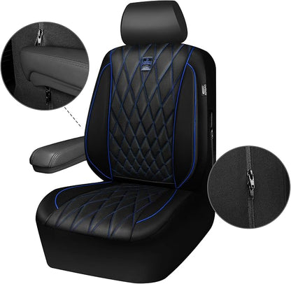 CAR PASS Piping Luxury Leather Seat Covers Full Set,5 Seats Anti-Slip Waterproof Seat Covers Compatible with Front Armrests,Universal Fit for Sendan SUV Van Truck,Airbag Compatible,Black and Blue