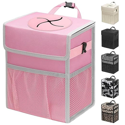 Capolo Car Trash Can with Lid, Leakproof Car Trash Bag Hanging Waterproof Automotive Garbage Can with Storage Pockets Mini Vehicle Trash Bin for Back/Front Seat(Pink,2.5 Gallon)