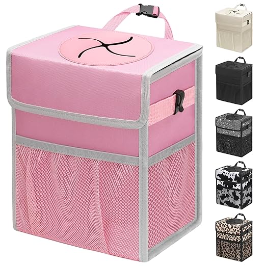Capolo Car Trash Can with Lid, Leakproof Car Trash Bag Hanging Waterproof Automotive Garbage Can with Storage Pockets Mini Vehicle Trash Bin for Back/Front Seat(Pink,2.5 Gallon)