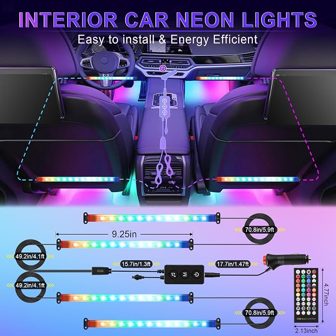 LivTee Smart Car Interior LED Lights, RGB Ambient Strip Lights with App, Remote & Controller Buttons, DIY & Music Sync Modes, 2-Line Design, Gift-Ready Car Accessories for Women & Teens