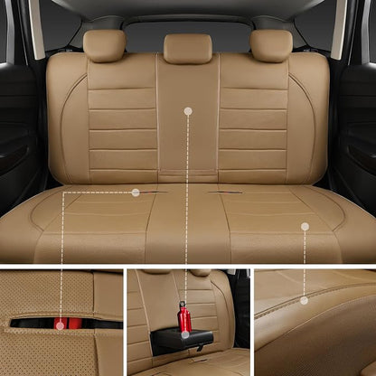 CAR PASS Piping Leather Seat Cover,Universal FIT with Composite Sponge Inside,Airbag Compatible and Reserved Opening Holes,Inside zipper for Cars,Sedan,SUV,Truck(Full Set,Beige with Tan Piping-Stripe)