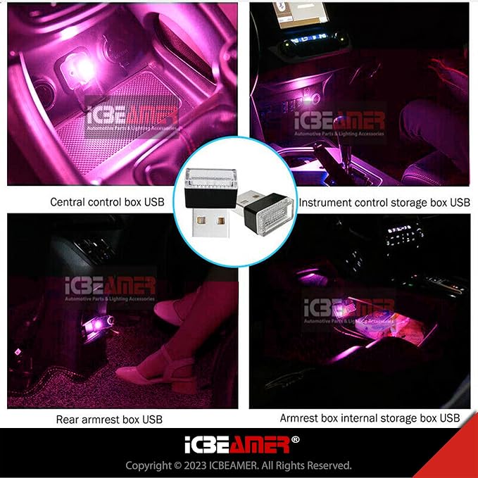 ICBEAMER USB Type-A LED Night Light 2-Pack (Purple) | Plug-in Universal Fit Automotive Accessory for Car Interior and Trunk Ambient Atmosphere Lighting