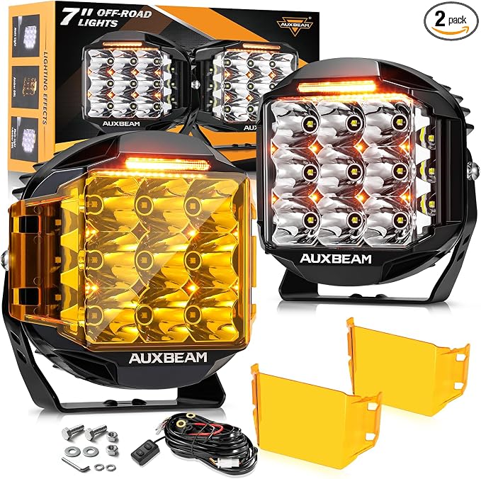 Auxbeam 7inch 228W Round LED Offroad Light Pod, V-MAX Series 26100LM Side Shooter LED Offroad Driving Lights with Amber DRL, 270° Beam Auxiliary Ditch Light for Truck ATV Jeep Ford
