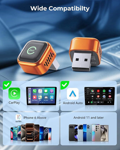 KUKIHO Wireless CarPlay Adapter, 2-in-1 CarPlay & Android Auto, Mini Plug & Play, Fast Auto-Connect, No Latency, USB/USB-C for Cars with Built-in CarPlay, iOS 10+/Android 11+ (Orange)