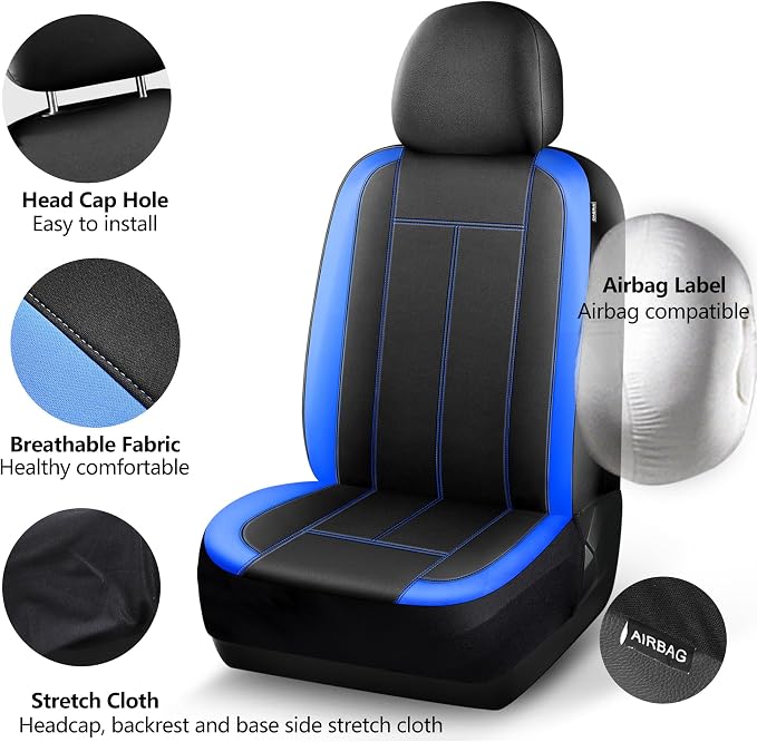 HChengkikz Car Seat Covers Front Seat, Waterproof Neoprene Car Seat Covers, Car Seat Cover Airbag Compatible, Universal Fit for Most Cars, Trucks, SUVs (Black + Blue)