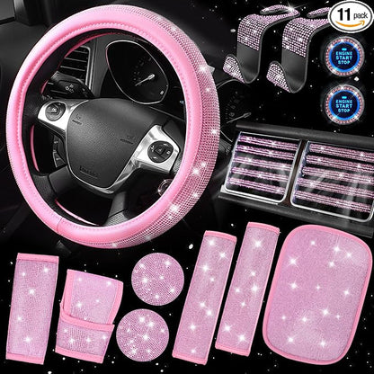 CAR PASS Bling Pink Car Accessories Set for Women, Sparkly Rhinestone Diamond Steering Wheel Cover Seat Belt Cushion Glitter Shift Knob Cover Car Cup Holder Coaster Cute Interior Sets, Pink 22 PCS