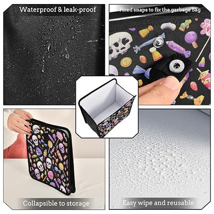 Car Trash Can Organizer Bin with Adjustable Strap for Back Front Seat Console Waterproof Leakproof Collapsible Portable 11 Inch Halloween Skulls Lollipops Candies