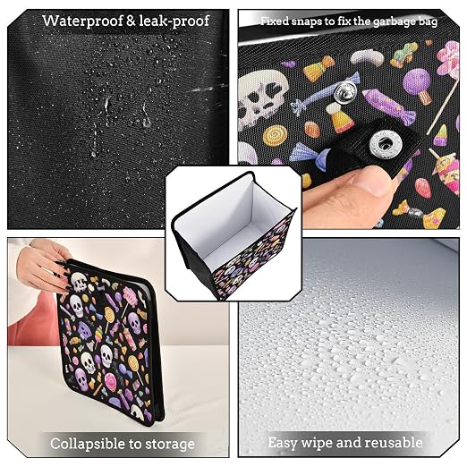 Car Trash Can Organizer Bin with Adjustable Strap for Back Front Seat Console Waterproof Leakproof Collapsible Portable 8.66 Inch Halloween Skulls Lollipops Candies
