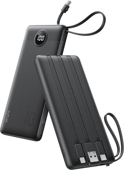 VRURC Portable Charger, Built-in 4 Cables Slim Power Bank 10000mAh, USB C Charging Bank with LED Display, Compact Travel Battery Pack with 5 Outputs for Multi Devices, Android-Black(1 Pack)