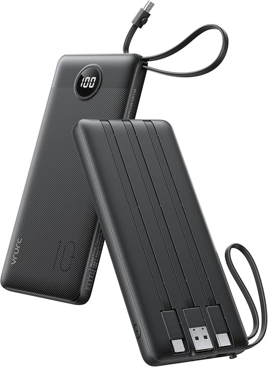 VRURC Portable Charger, Built-in 4 Cables Slim Power Bank 10000mAh, USB C Charging Bank with LED Display, Compact Travel Battery Pack with 5 Outputs for Multi Devices, Android-Black(1 Pack)