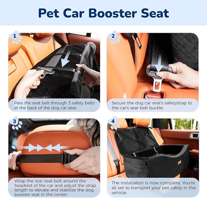 Large Dog Car Seat for Medium Sized, Dog Booster Car Seat, Pet Booster Seats up to 55lbs or 2 Small with 4" Memory Foam for Back Seat, Triple Safety Belts, Storage Pockets, Detachable/Washable