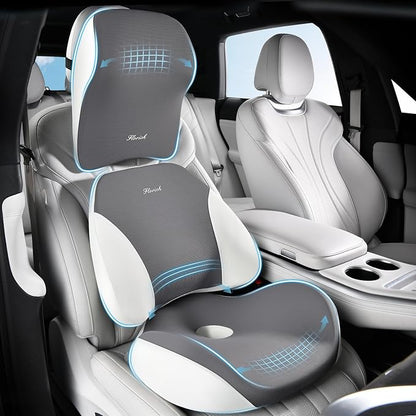 FLORICH Upgraded 3-in-1 Memory Foam Car Seat Cushion Set with Lumbar Support & Neck Pillow, Washable Driving Seat Cushion for Back & Sciatica Pain Relief, Non-Slip Seat Cushion for Car, Office-Gray