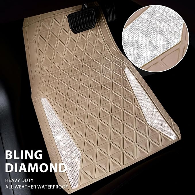 CAR PASS Bling Diamond Car Mats Rubber Floor Mats Full Set Anti-Slip 3D Rhombus Waterproof Trim to Fit Liner Universal Glitter Crystal Sparkly Shining Rhinestone Girl Women SUV Sedan Van, Beige Rubber