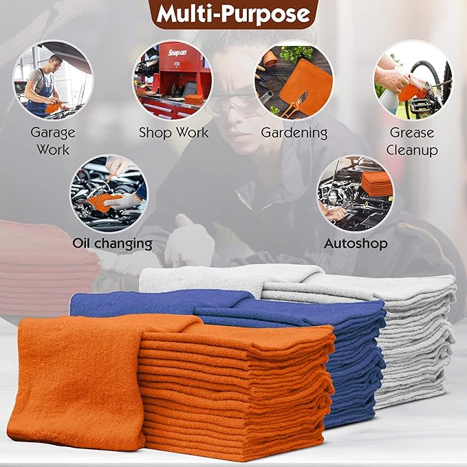 Nabob Wipers Shop Towels 50 Pack Cotton Rags Size 14"x14" Commercial Grade (50 Pack, Orange)