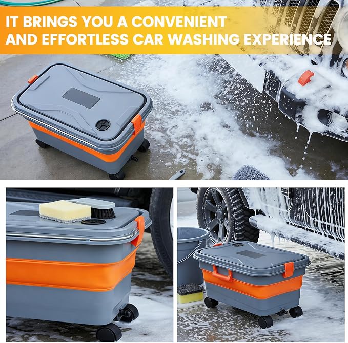 Collapsible Bucket 5.8 Gallon for Car Washing with Wheels, Drain Plug, Universal Connectors for Cordless Pressure Washer, Foldable Car Wash Bucket for Car,Mop Cleaning, Camping, RV, Pet Bath