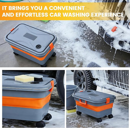 Collapsible Bucket 5.8 Gallon for Car Washing with Wheels, Drain Plug, Universal Connectors for Cordless Pressure Washer, Foldable Car Wash Bucket for Car,Mop Cleaning, Camping, RV, Pet Bath