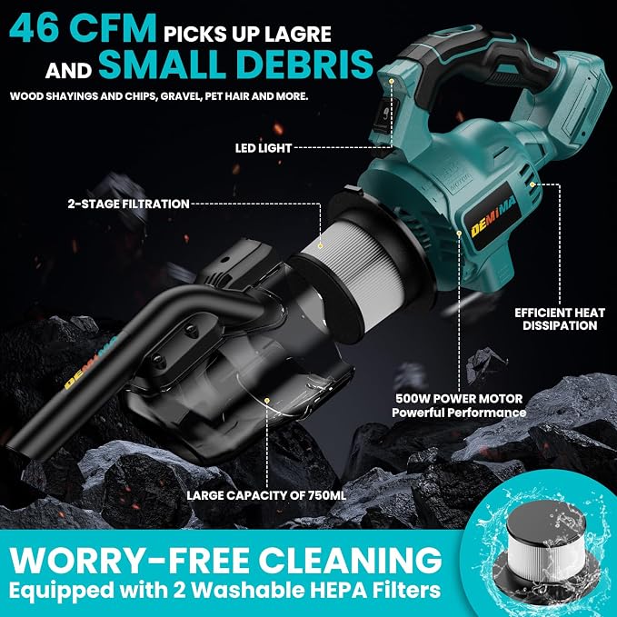 Cordless Vacuum for Makita Battery, 5 in 1 Lightweight Handheld Vacuum Cleaner with 500W Powerful Motor, 46 CFM Portable Hand Vacuum with Filtration HEPA for Floor, Carpet(Battery Not Included)