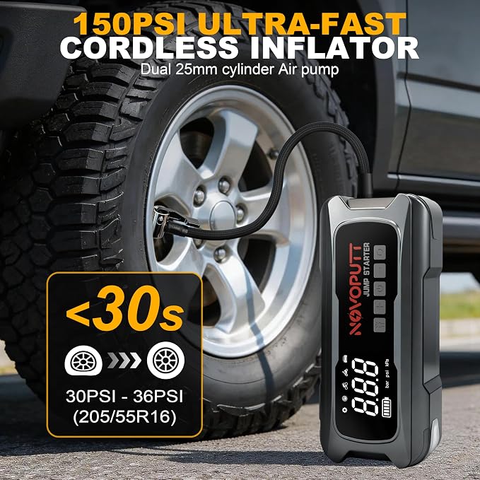 6000A Jump Starter with Air Compressor, PD 65W Fast Recharging,Portable Car Battery Jumper Starter for All Gas &10.0L Diesel, Dual Cylinder Fast Inflator with Light,12V Battery Booster Emergency Kit