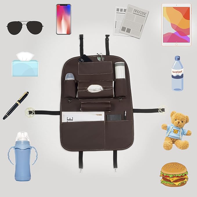 Car Back Seat Organizer with Foldable Table Tray, PU Leather Backseat Organizer for Kids Toddlers Travel, Car Kick Mats Seat Back Protector Storage Pocket with Touch Screen Tablet Holder