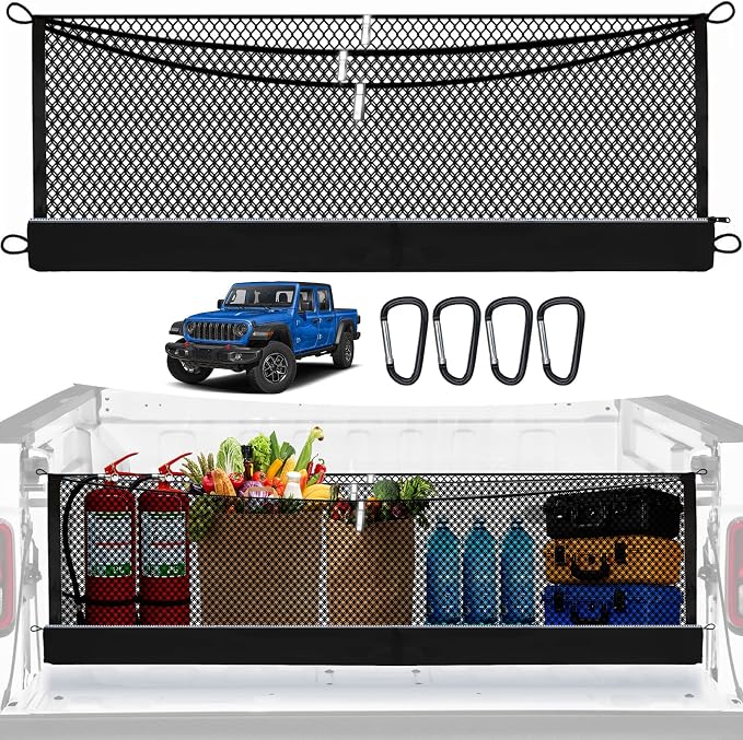 3-Layer Cargo Net for Jeep Gladiator 2020-2026, Zoned Storage Truck Bed Net with Foldable Zippered Bottom Bag, Heavy-Duty Cargo Organizer Netting for Camping, Trips & Everyday Use