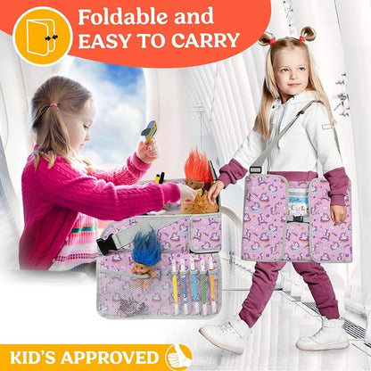 PILLANI Kids Travel Tray for Car - Carseat Tray for Toddler, Road Trip Must Haves with Cup Holder & Drawing Board - Toddler Airplane Travel Essentials for Girls - Car Accessories for Kids
