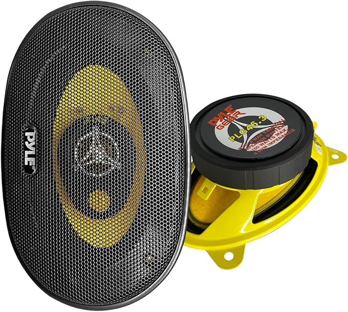 Pyle Car Three-Way Speaker System-Pro 4x6Inch 180W 4Ohm Mid Tweeter Component Audio Sound Speakers For Car Stereo w/30Oz Magnet Structure, 2” Mount Depth Fits Standard OEM-PLG46.3 (Pair),Black/Yellow