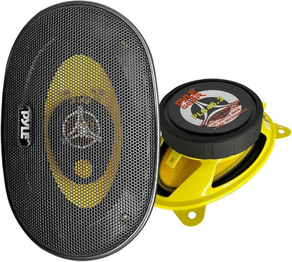 Pyle Car Three-Way Speaker System-Pro 4x6Inch 180W 4Ohm Mid Tweeter Component Audio Sound Speakers For Car Stereo w/30Oz Magnet Structure, 2” Mount Depth Fits Standard OEM-PLG46.3 (Pair),Black/Yellow