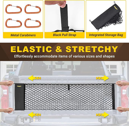 BUMBEE Envelope Style Trunk Cargo Net Compatible with Chevy Silverado 2013-2024 Accessories, Heavy Duty Carabiners Highly Elastic Truck Bed Mesh Cargo Net(16.9" X 52.56" to 66.93")