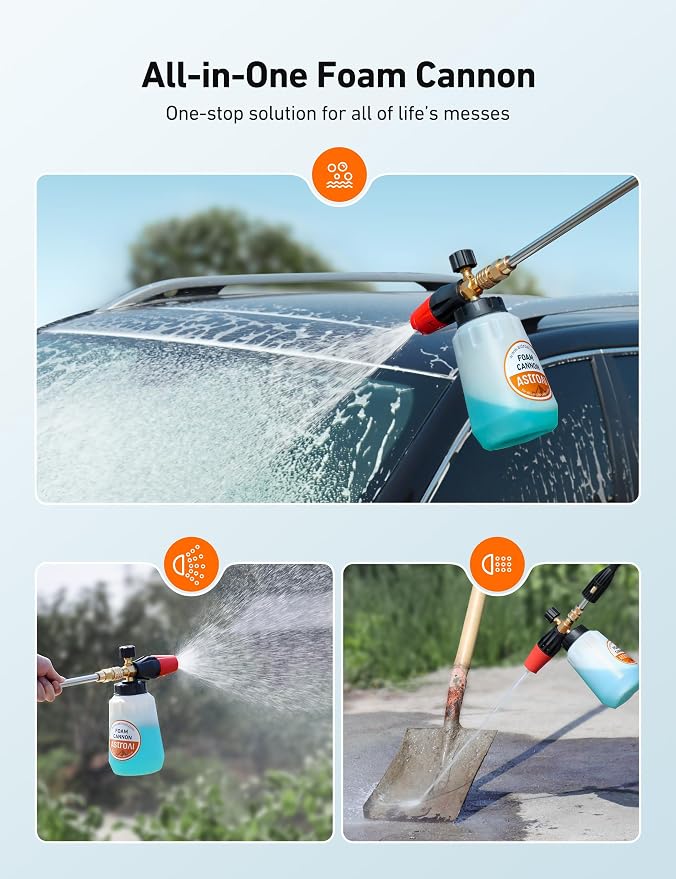AstroAI Foam Cannon, Heavy Duty Car Foam Sprayer Attachments, Wide Neck Adjustable Snow Foam Lance and Thick Foam for Pressure Washer Car Wash, 1/4" Quick Connector, 1L Bottle & 5 Nozzle Tips