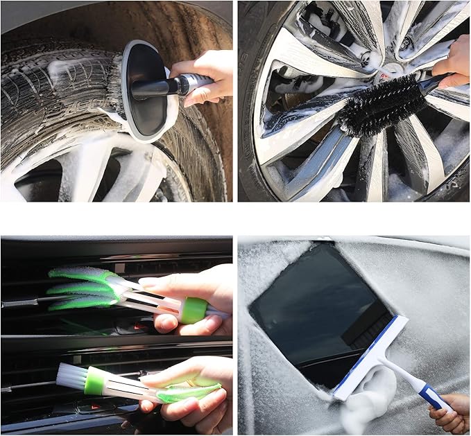 22Pcs Car Wash Cleaning Tools Kit Car Detailing Set with Olive Green Canvas Bag Collapsible Bucket Wash Mitt Sponge Towels Tire Brush Window Scraper Duster Complete Interior Car Care Kit