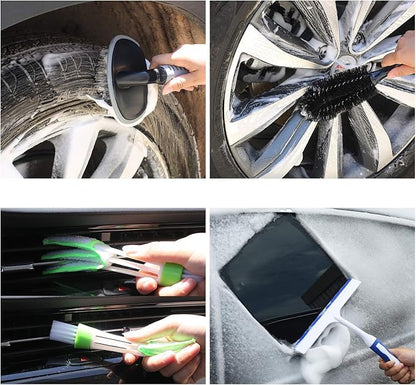22Pcs Car Wash Cleaning Tools Kit Car Detailing Set with Olive Green Canvas Bag Collapsible Bucket Wash Mitt Sponge Towels Tire Brush Window Scraper Duster Complete Interior Car Care Kit