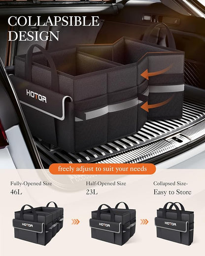 HOTOR Trunk Organizer - Car Organizer with 5 Pockets, Trunk organizer for SUV, Sedan & Van, Car Organization with Sturdy Base Panel for Car Accessories, Black, 2 Compartments, 21.3"×12.6"×10.6"