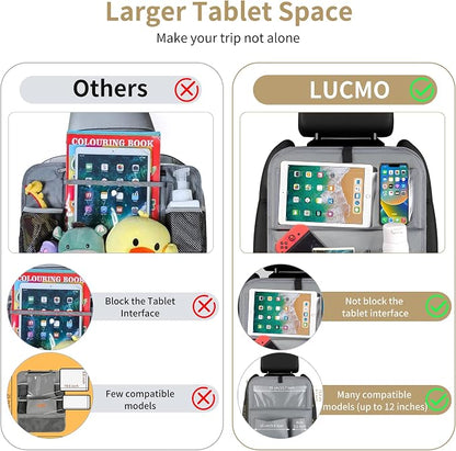 LUCMO Car Backseat Organizer with Tablet Holder-2 Pcs,6 Storage Pockets Car Storage Organizer with Foldable Food Tray Protectors Kick Mats Travel Accessories-Grey