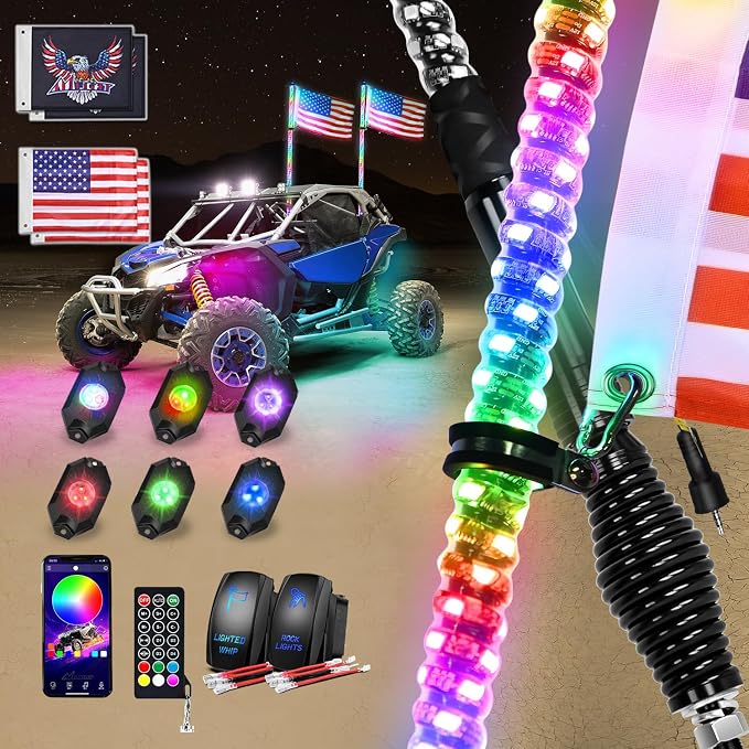 Nilight 2PCS 3FT RGB LED Whip Light with Spring Base and 6 PCS Rock Lights Combo, Remote App Control w/DIY Chasing Patterns Turn Signal Brake Reverse Antenna Lighted Whips for ATV UTV Polaris RZR Jeep