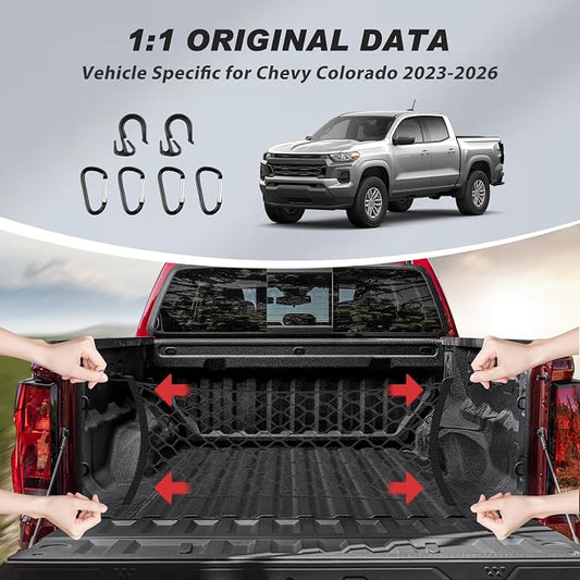 Karltys Truck Bed Cargo Net for 2023-2025 2026 Chevy Colorado and GMC Canyon Accessories, Envelope Style Pickup Cargo Net Chevrolet Colorado Trunk Net Organizer with Hooks
