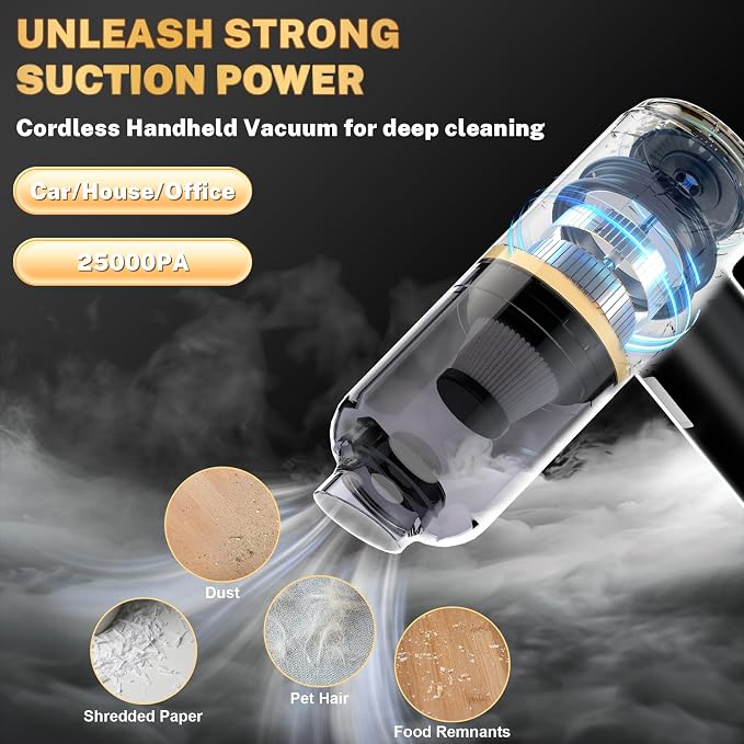 Cozylady Handheld Car Vacuum Portable Cordless, High Power 6 in 1 Vacuum Cleaner & Air Duster & Air Blower with 4000mAh Brushless Motor and Multi-Nozzles for Car, Home, Office, Camping, Pet (25kpa)